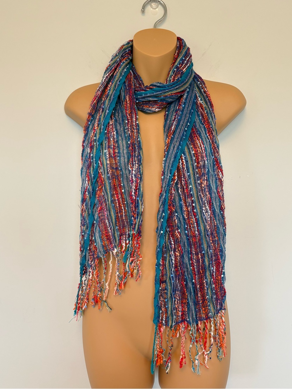 Boho Teal Multi Striped Metallic Fringe Scarf Lightweight Long Winter Autumn